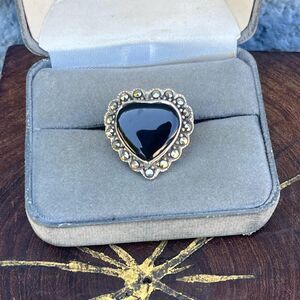 Vintage Black Onyx and Marcasite heart Ring Size 6 1/2 with Gothic Whimsigoth